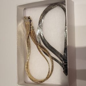 Set of 2 triple strand fashion bracelets in silver and gold